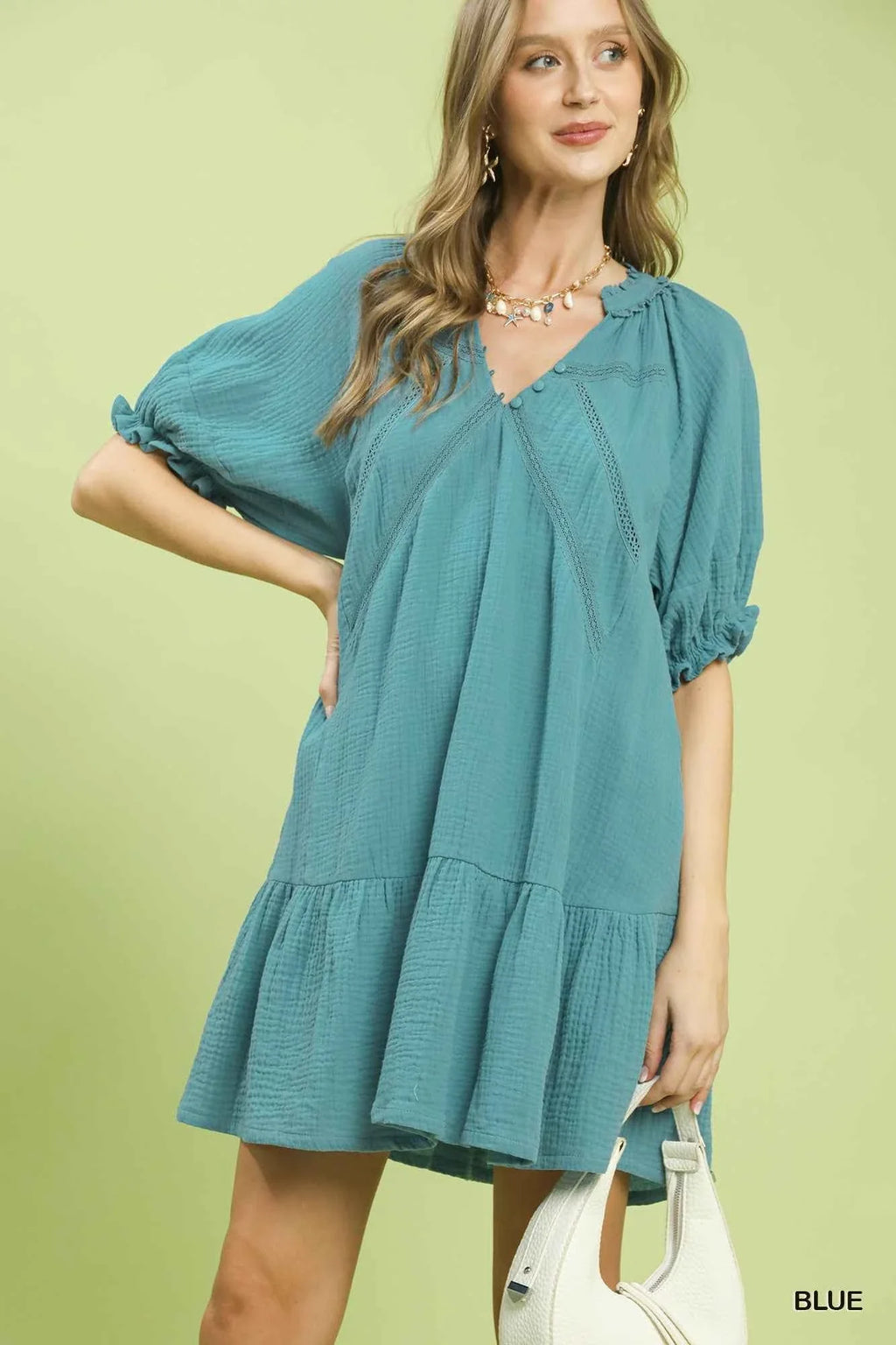 Blue Cotton Gauze Mini Dress by Umgee