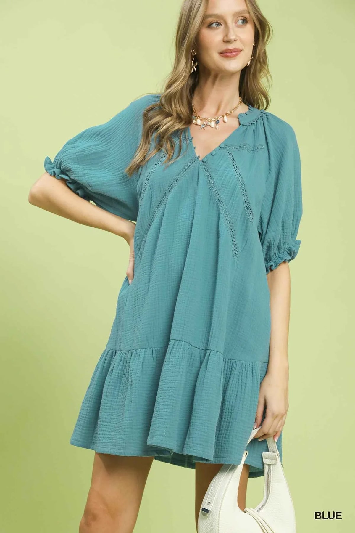 Blue Cotton Gauze Mini Dress by Umgee