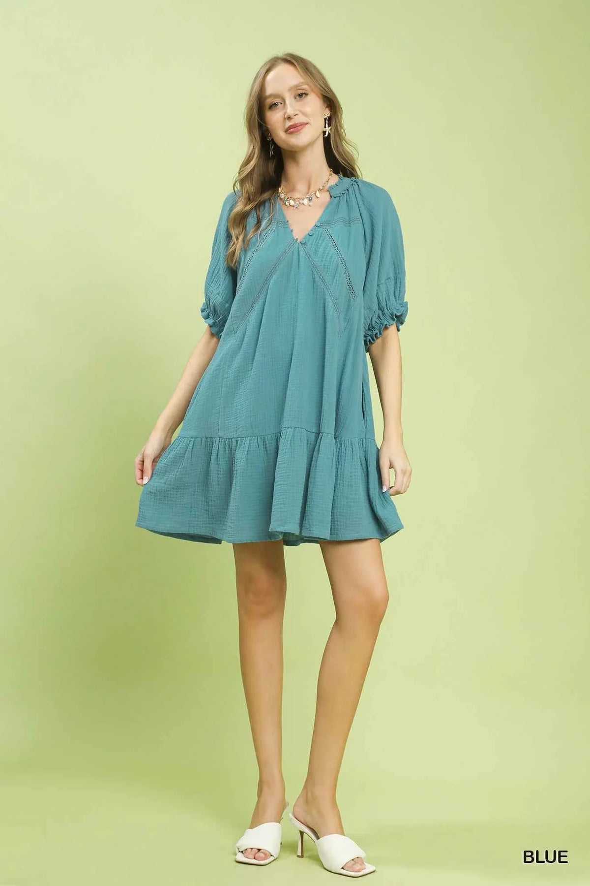 Blue Cotton Gauze Mini Dress by Umgee