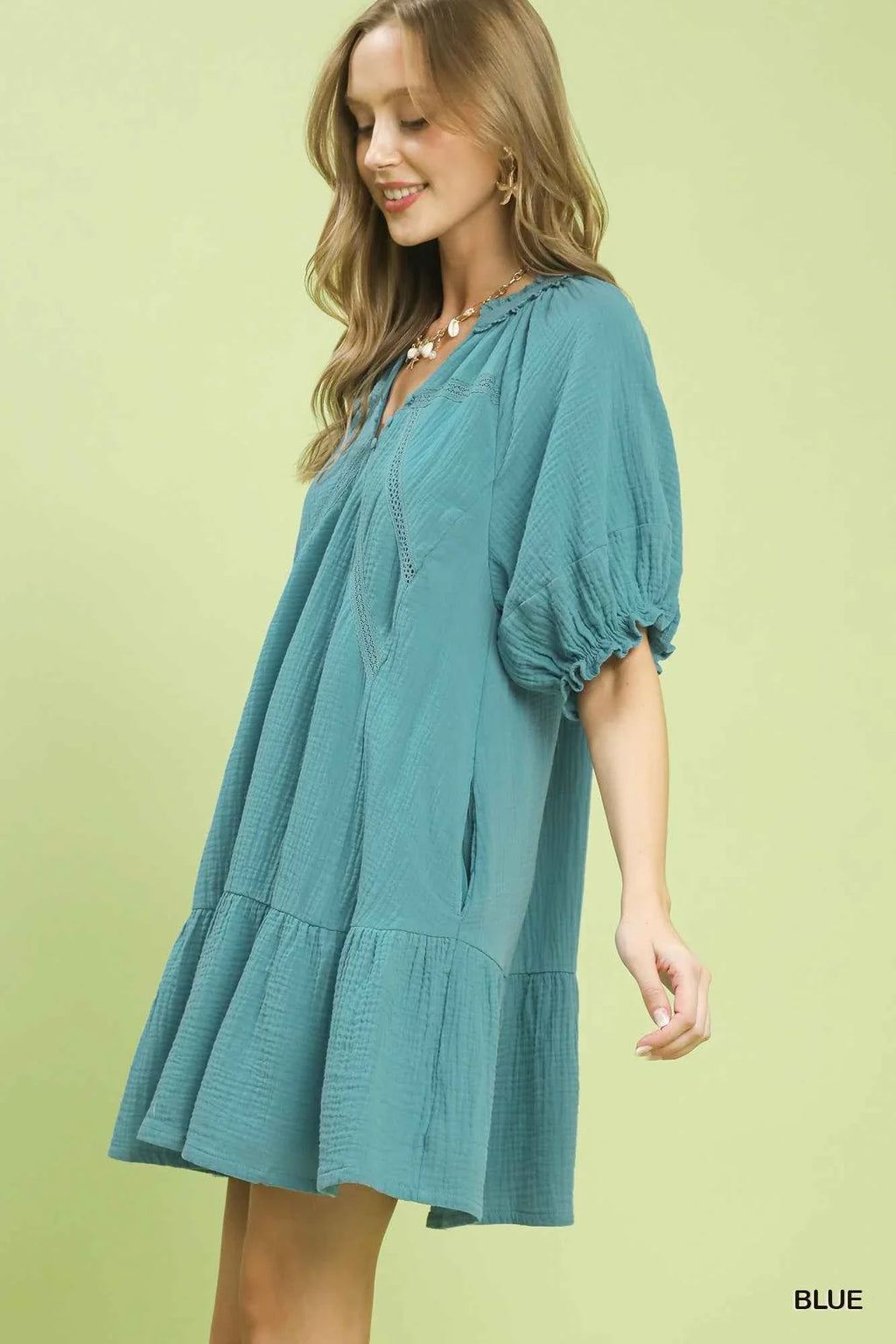 Blue Cotton Gauze Mini Dress by Umgee