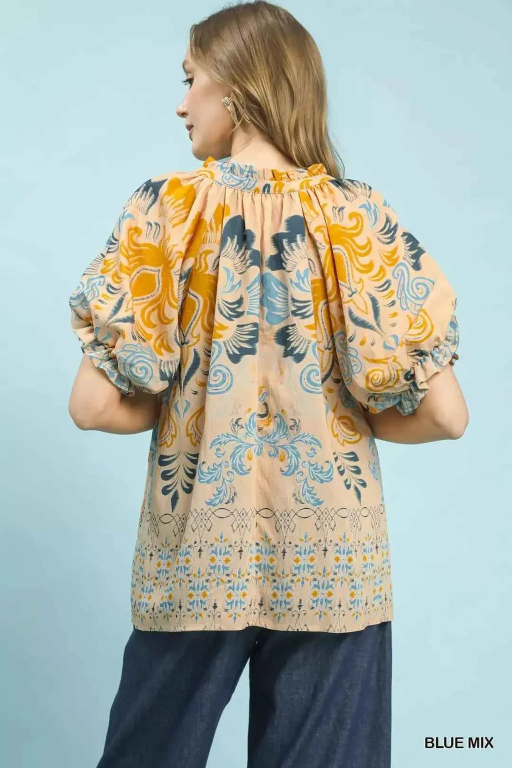 Blue Mix Embroidered Border Print Puff Sleeve Blouse by Umgee