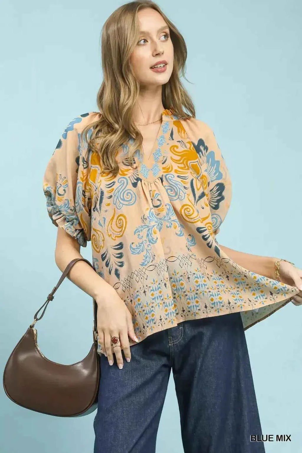 Blue Mix Embroidered Border Print Puff Sleeve Blouse by Umgee