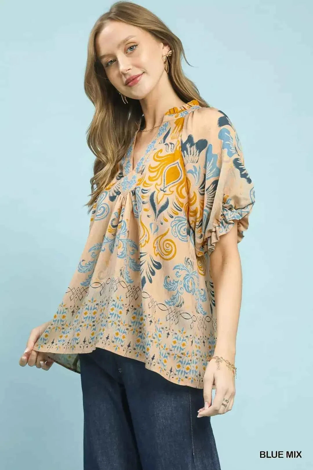 Blue Mix Embroidered Border Print Puff Sleeve Blouse by Umgee