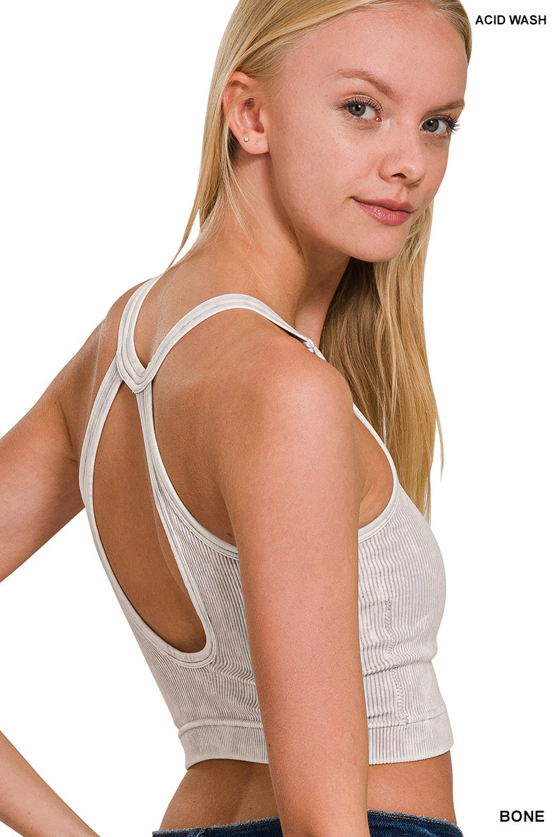 Bone Washed Ribbed Seamless Button V-neck Tank Top by Zenana