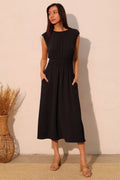 Matte Crepe Ruched Elastic Midi Dress