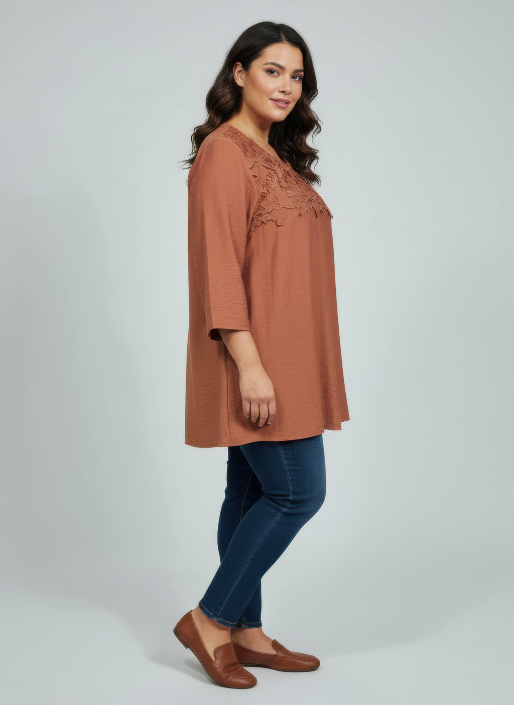 Lace Yoke Three-quarter Sleeve Knit Top
