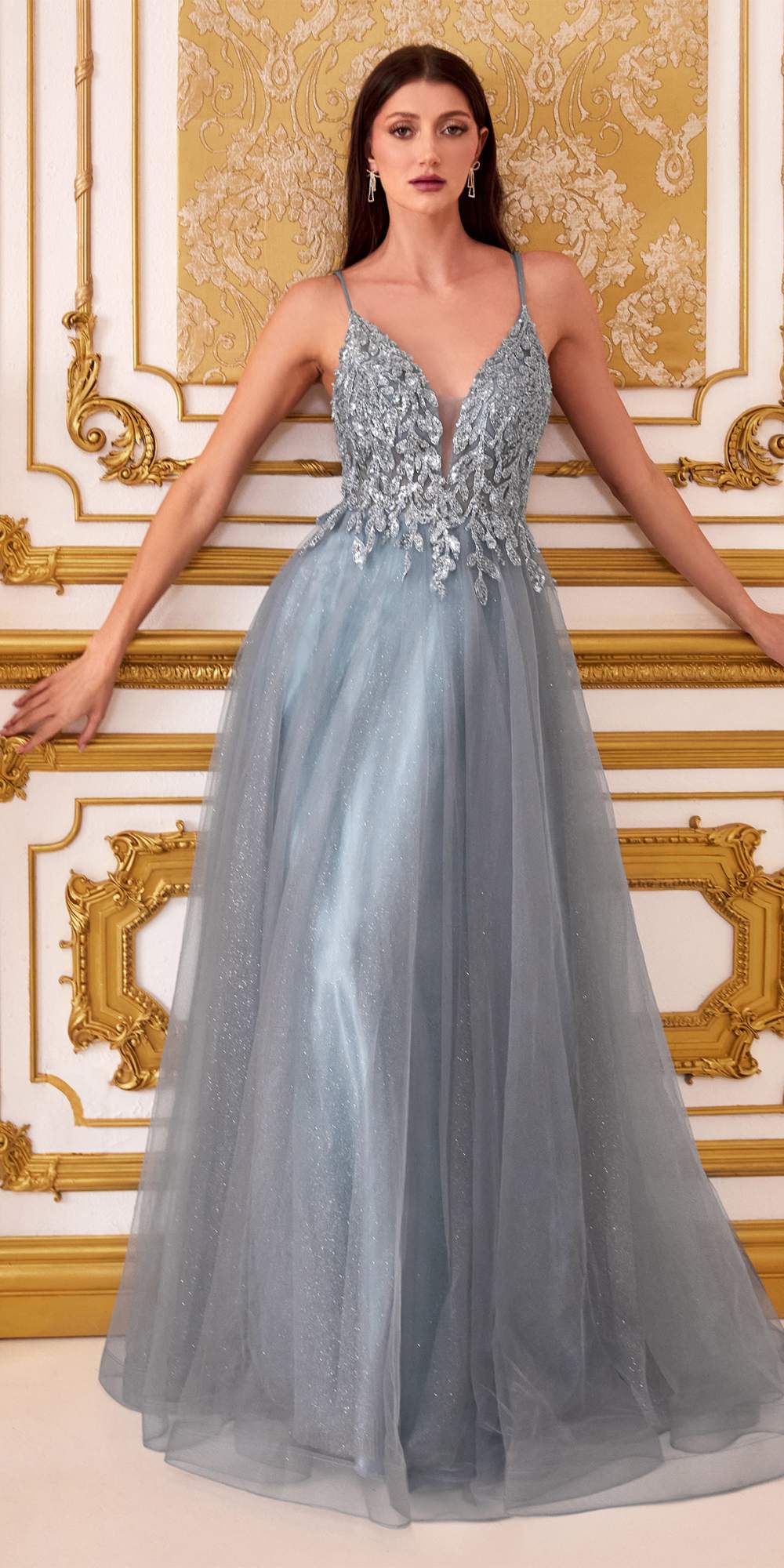 Cinderella Divine CD0154 Long Dress Beaded Applique Bodice Layered Tulle Skirt