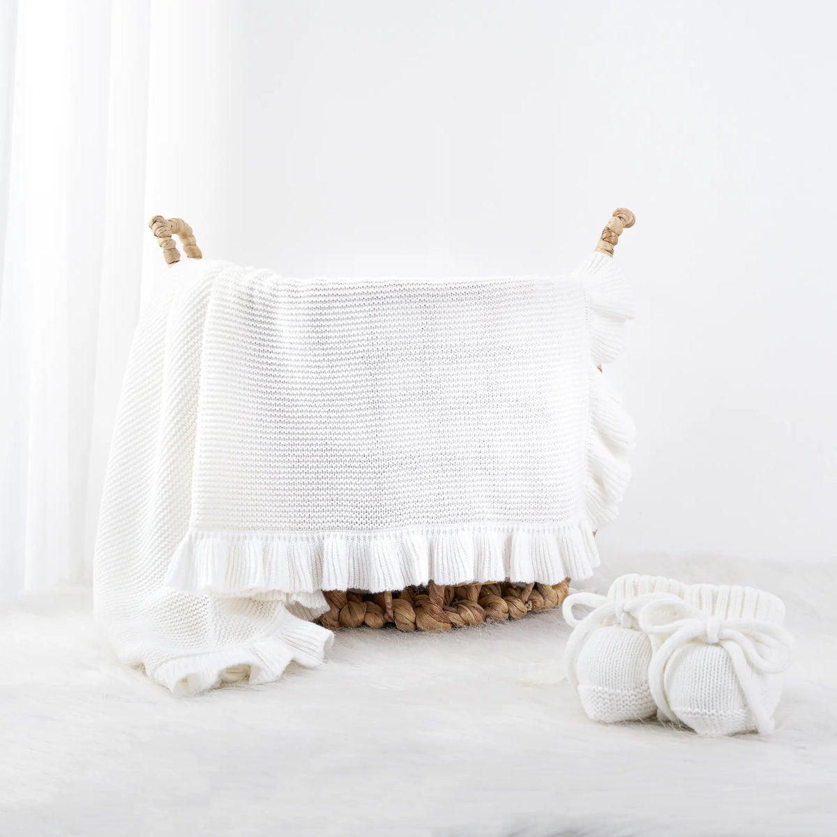 Ruffled Edge Knit Baby Blanket in White