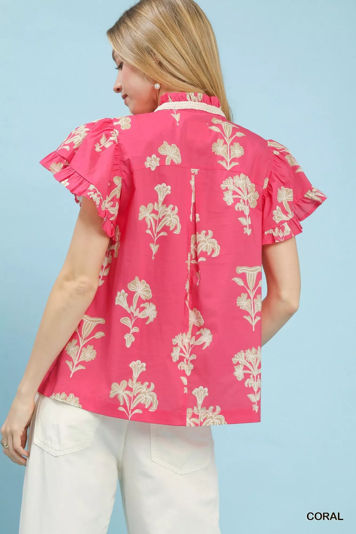 Coral Floral Ruffle Sleeve Split-Neck Top by Umgee
