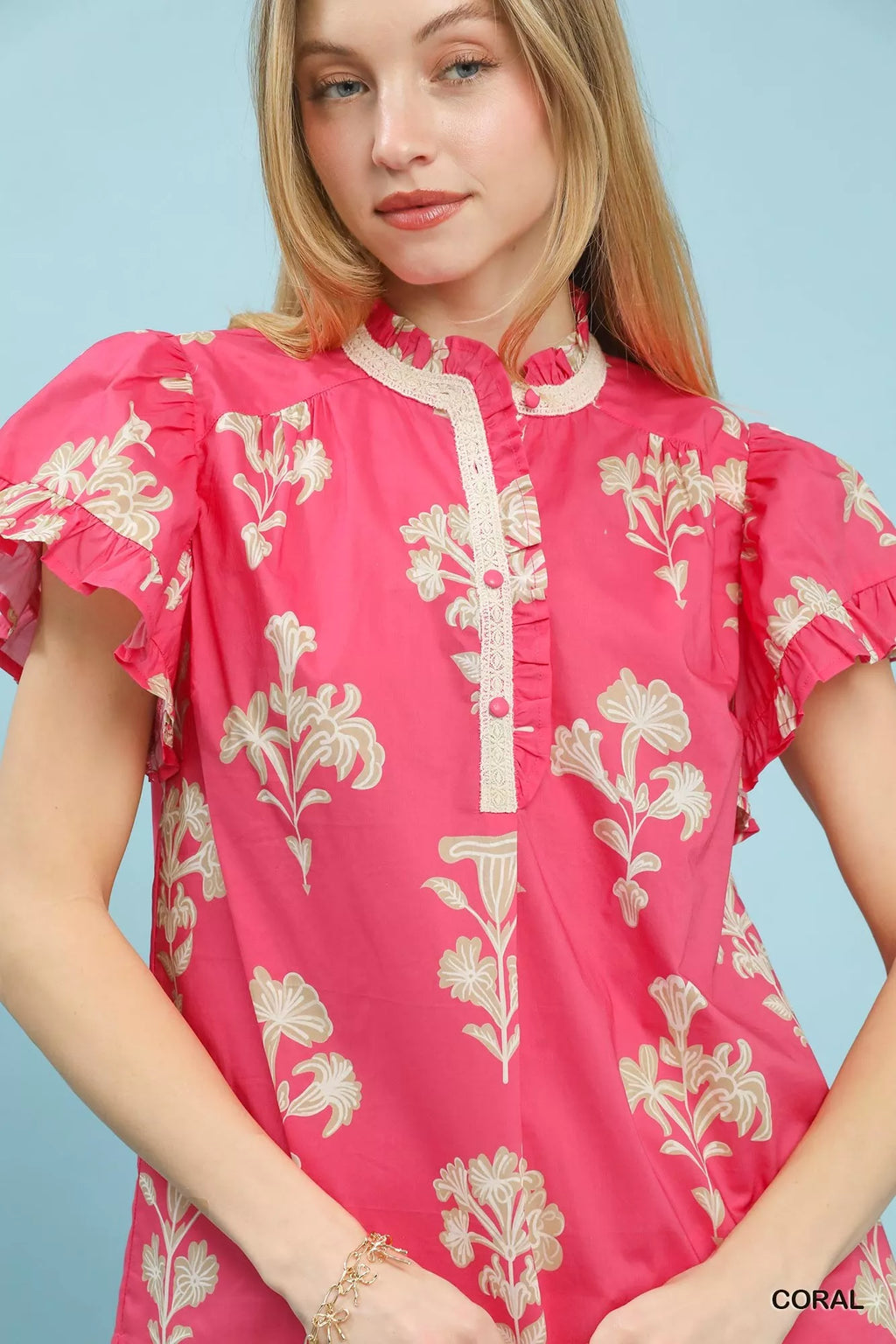 Coral Floral Ruffle Sleeve Split-Neck Top by Umgee