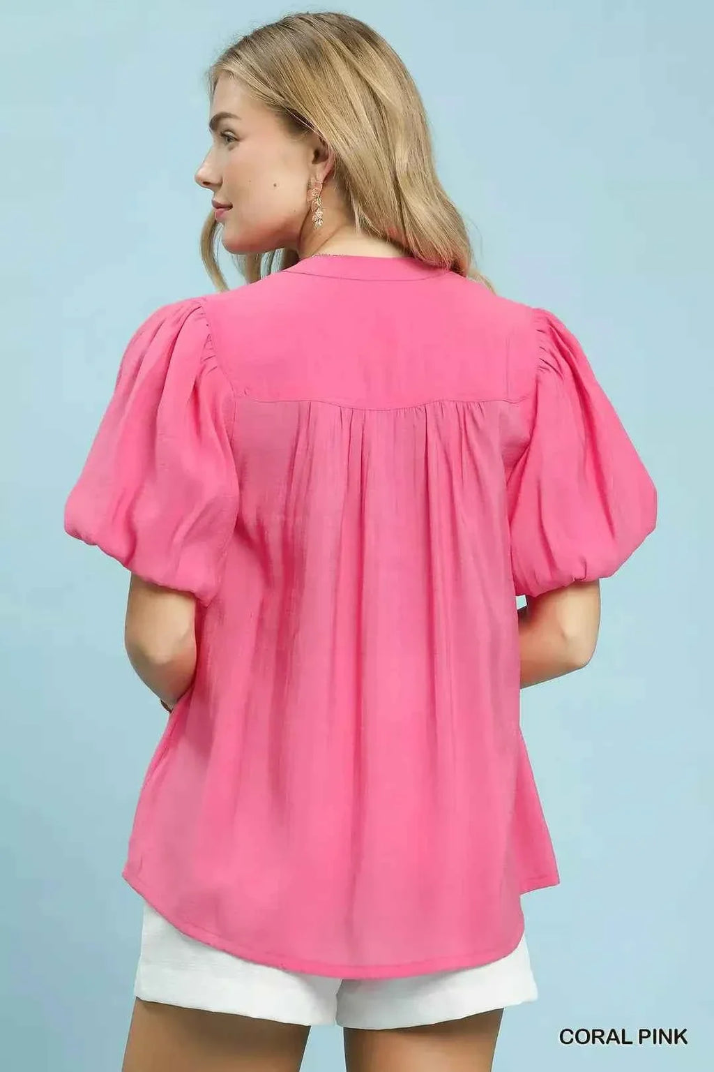 Coral Pink Button-Down Puff Sleeve Shirt by Umgee