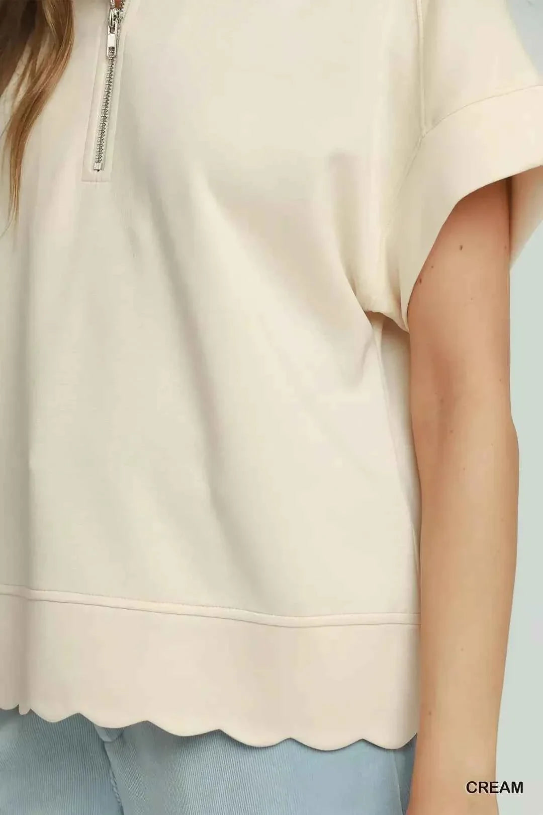 Cream Half Zip Short Sleeve Pullover Top w/ Scalloped Edge Hem by Umgee