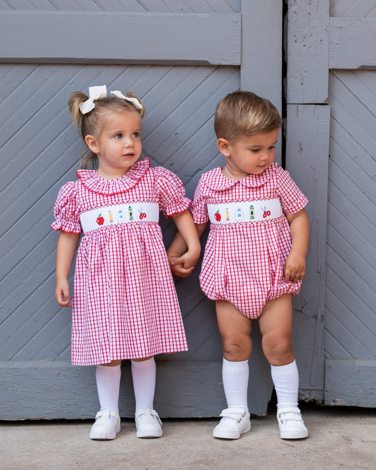 School Supplies Smocked Red Windowpane Boy Bubble- FINAL SALE