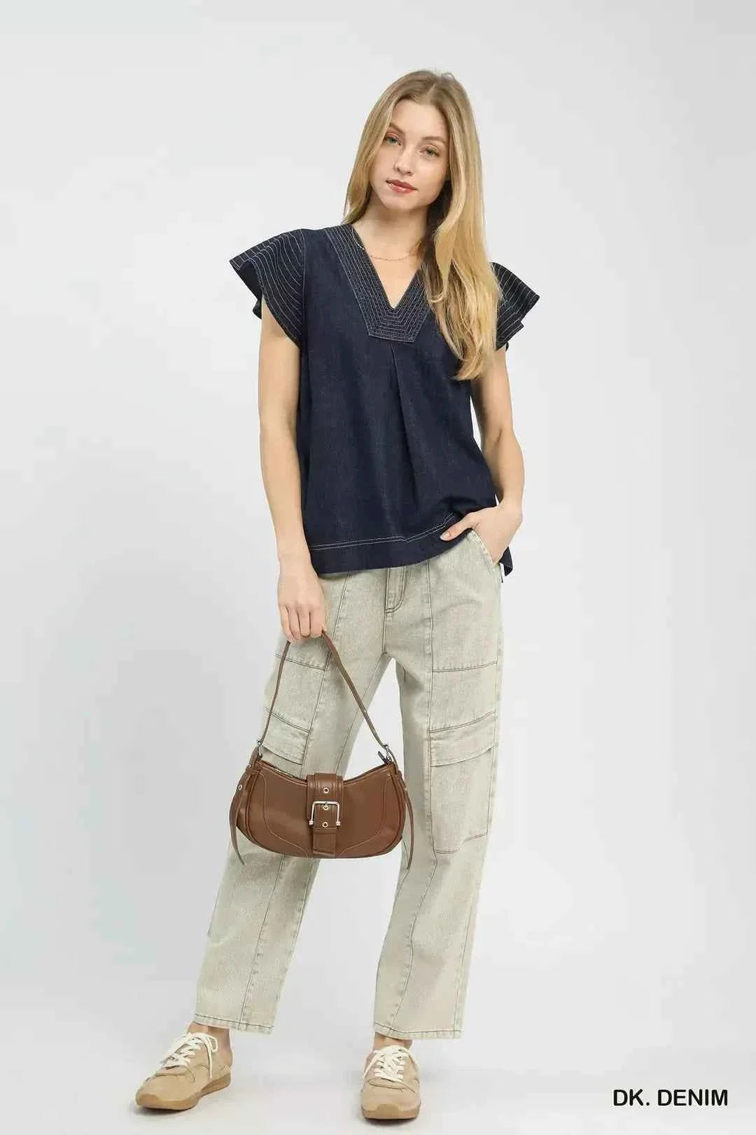 Dark Wash Denim Cap Sleeve Top w/ Split V-Neck & Side Slits by Umgee