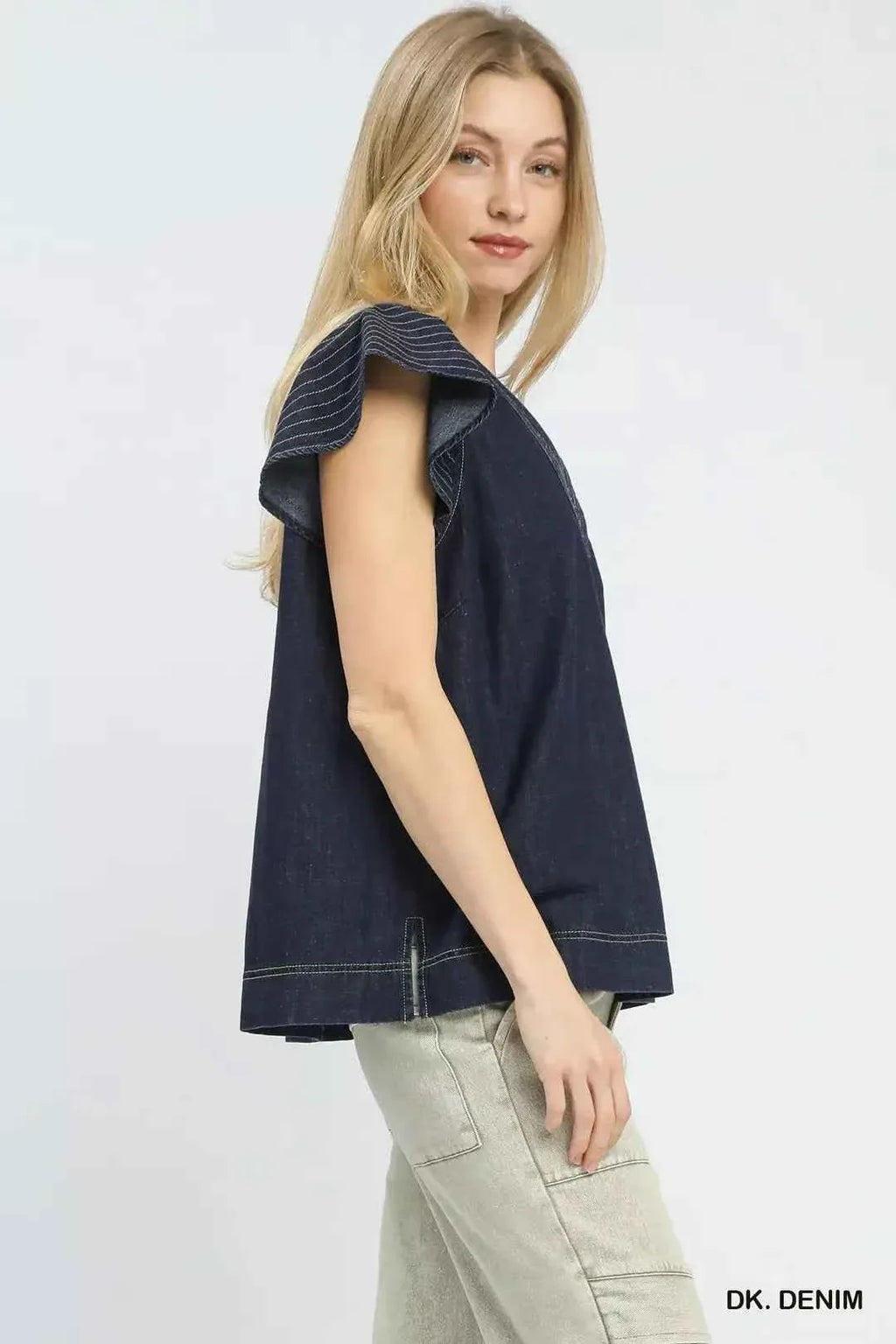 Dark Wash Denim Cap Sleeve Top w/ Split V-Neck & Side Slits by Umgee