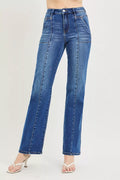 Dark Wash High Rise Straight Patch Pocket Seamed Jeans by Risen