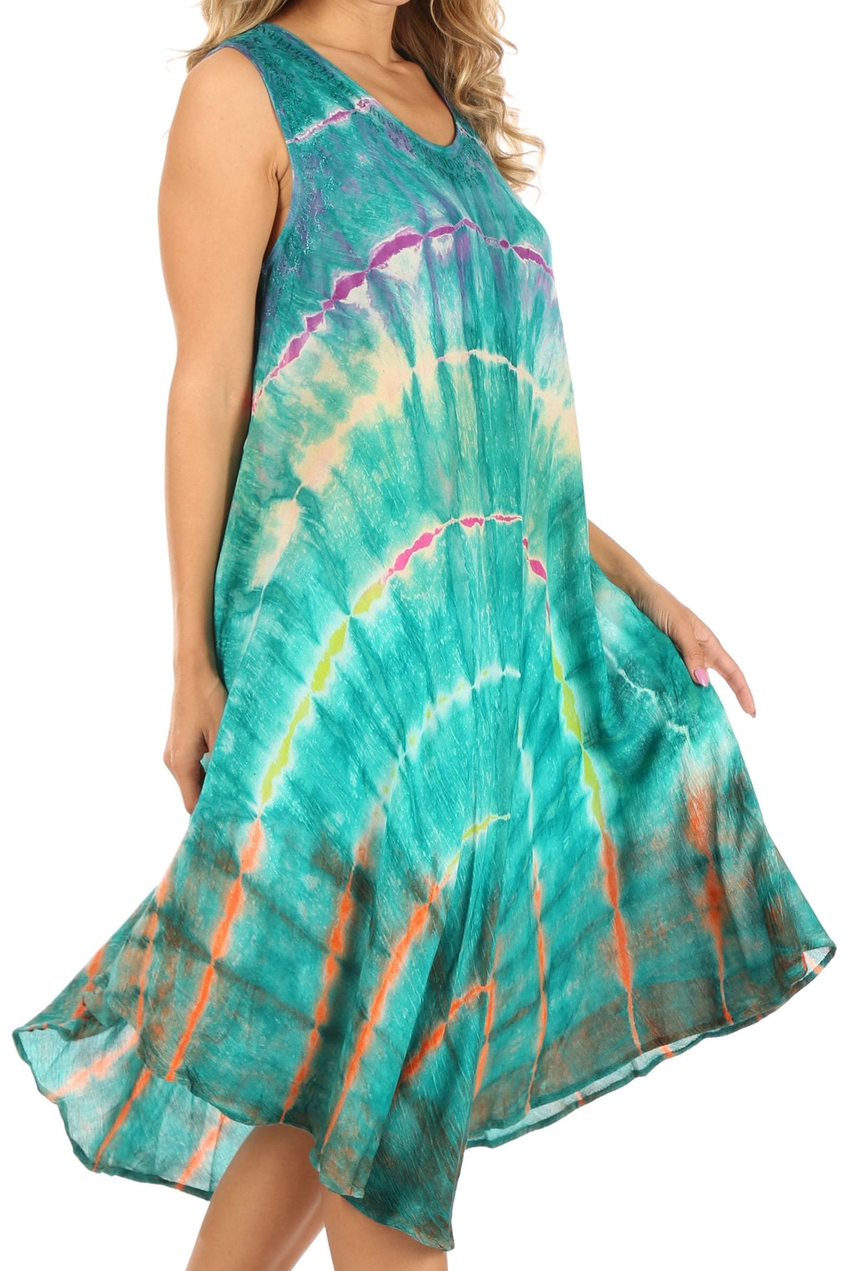 Sakkas Nora Sleeveless Embroidered Short Tie Dye Caftan Dress / Cover Up