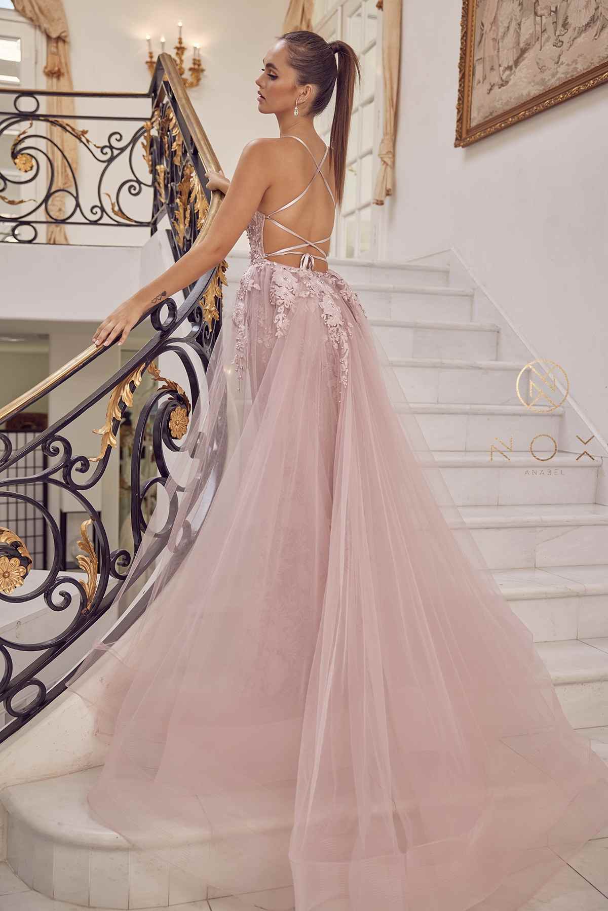Nox Anabel F485 Lace and Beads Mermaid Gown Chiffon Overskirt