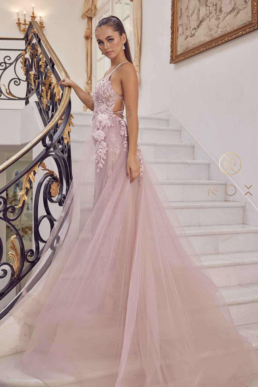 Nox Anabel F485 Lace and Beads Mermaid Gown Chiffon Overskirt