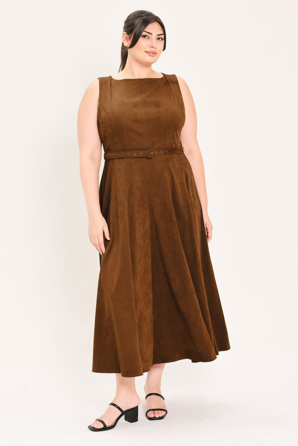 AMBER TOBACCO FAUX SUEDE MIDI DRESS