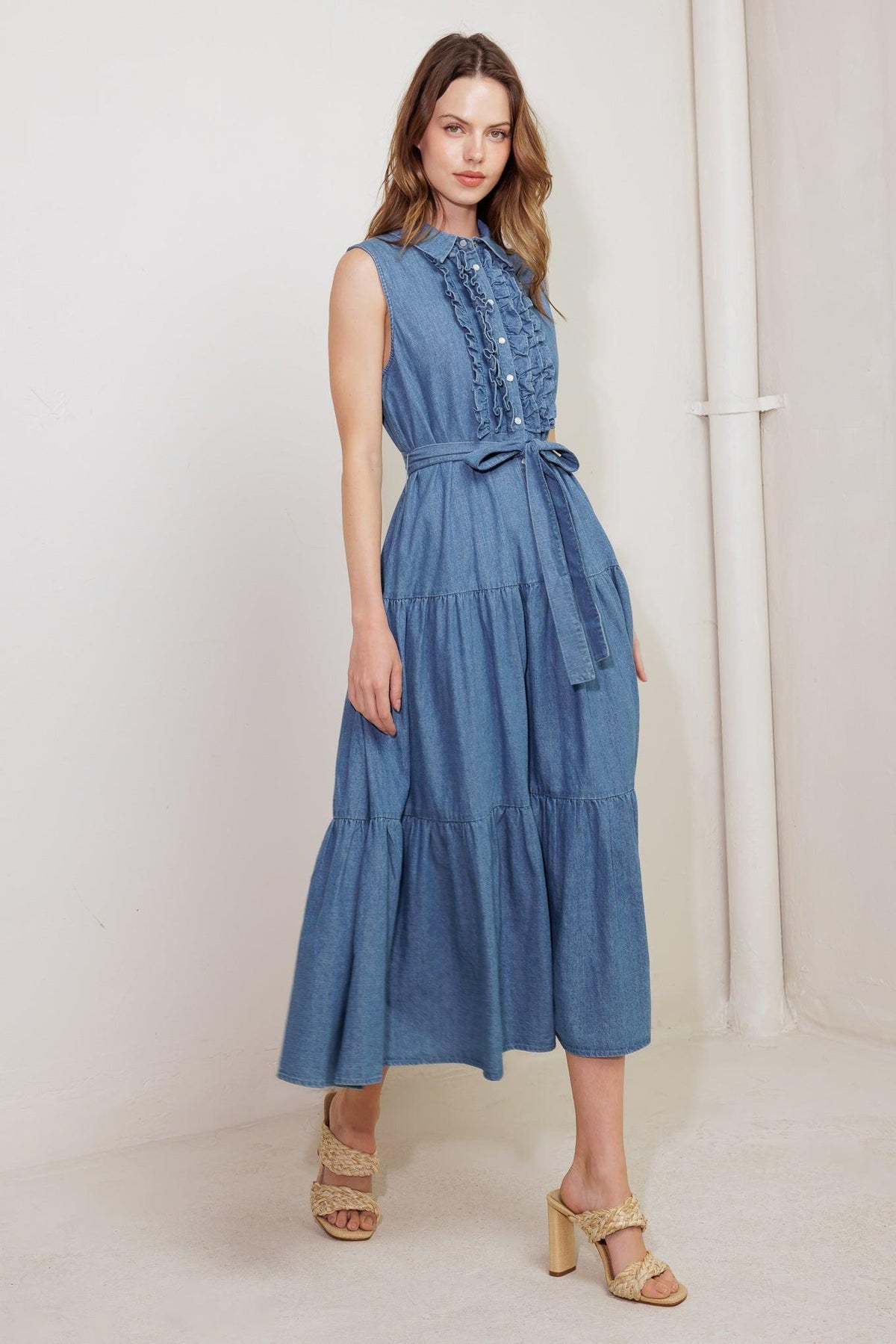 PETALS FALLING SLOWLY DENIM MIDI DRESS
