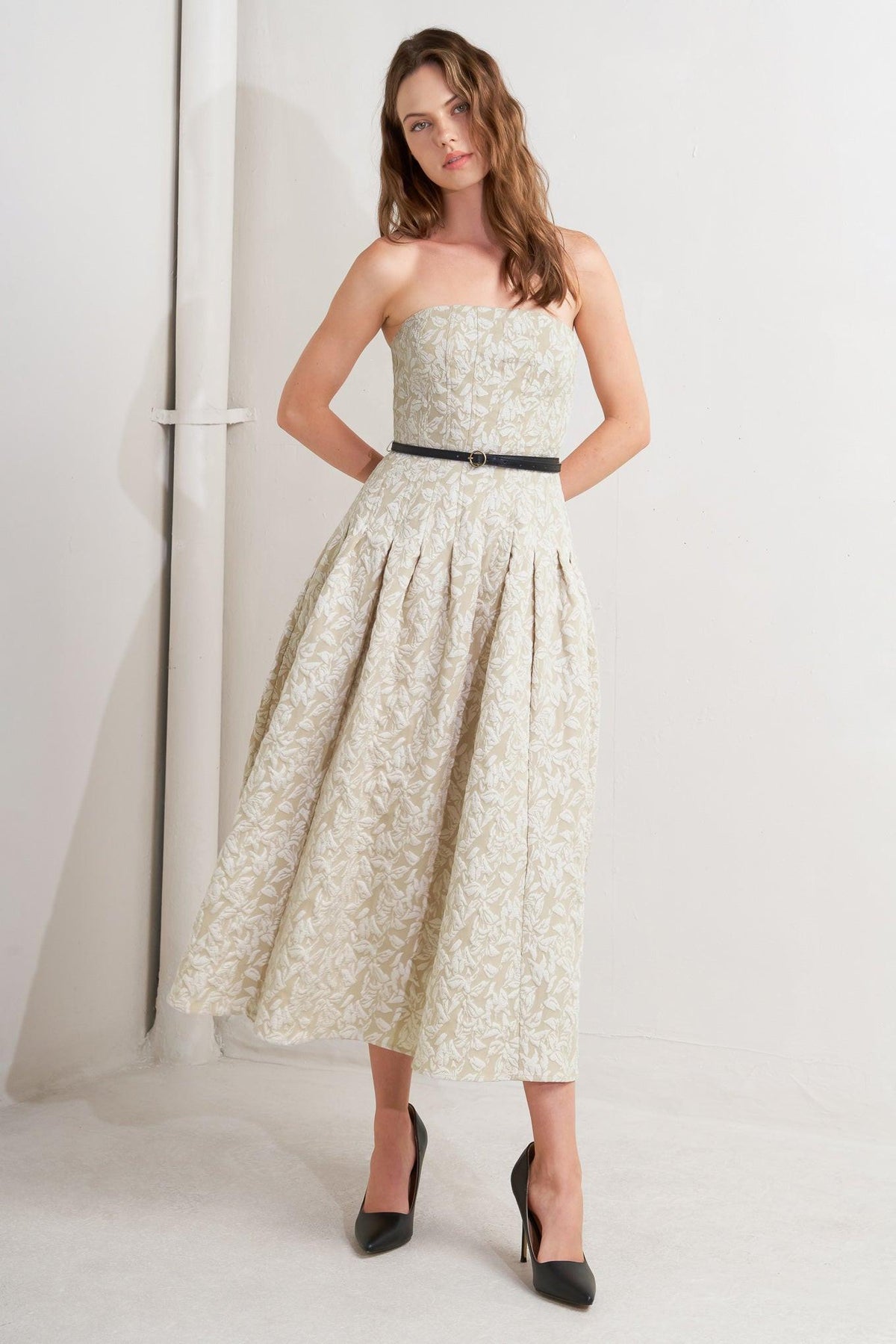 WHISPER LEAF WOVEN MIDI DRESS