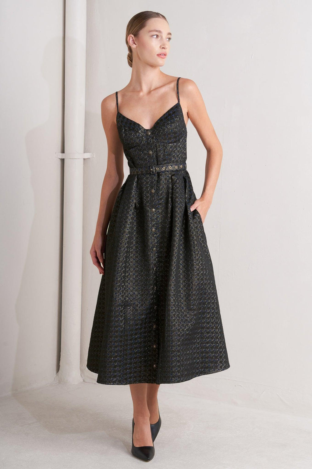 NOIR TAPESTRY WOVEN MIDI DRESS