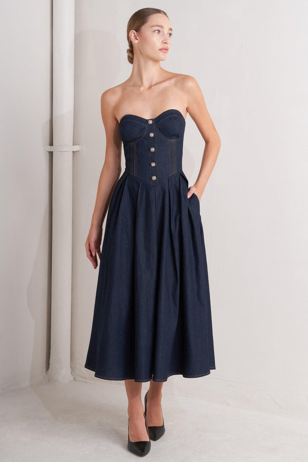 URBAN CORSET DENIM MIDI DRESS