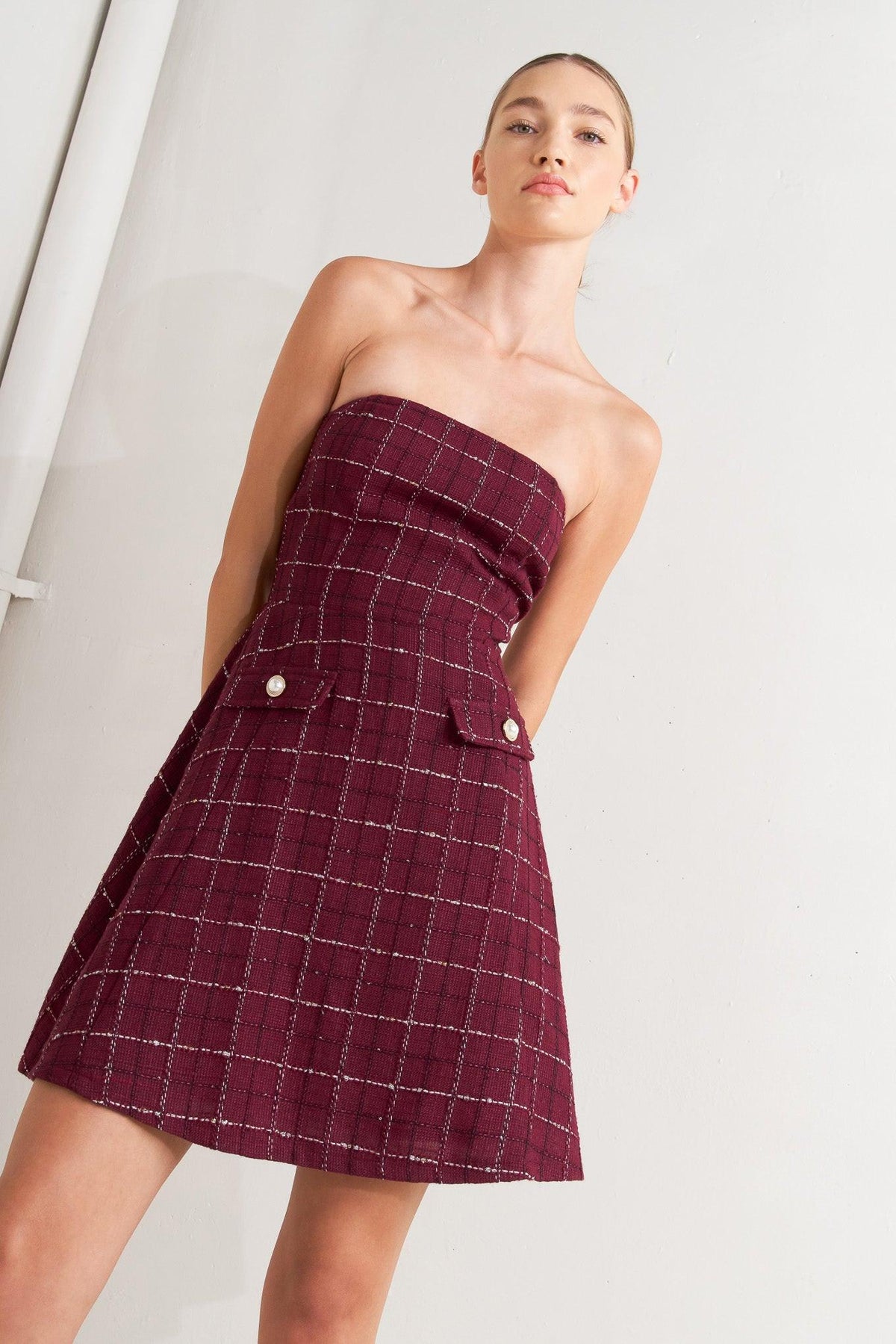 TWEED DOLL WINE WOVEN MINI DRESS