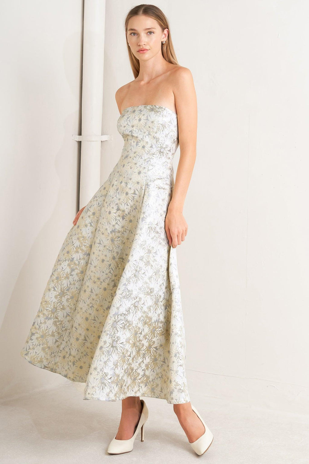 PASTEL BLOOM WOVEN JACQUARD MIDI DRESS