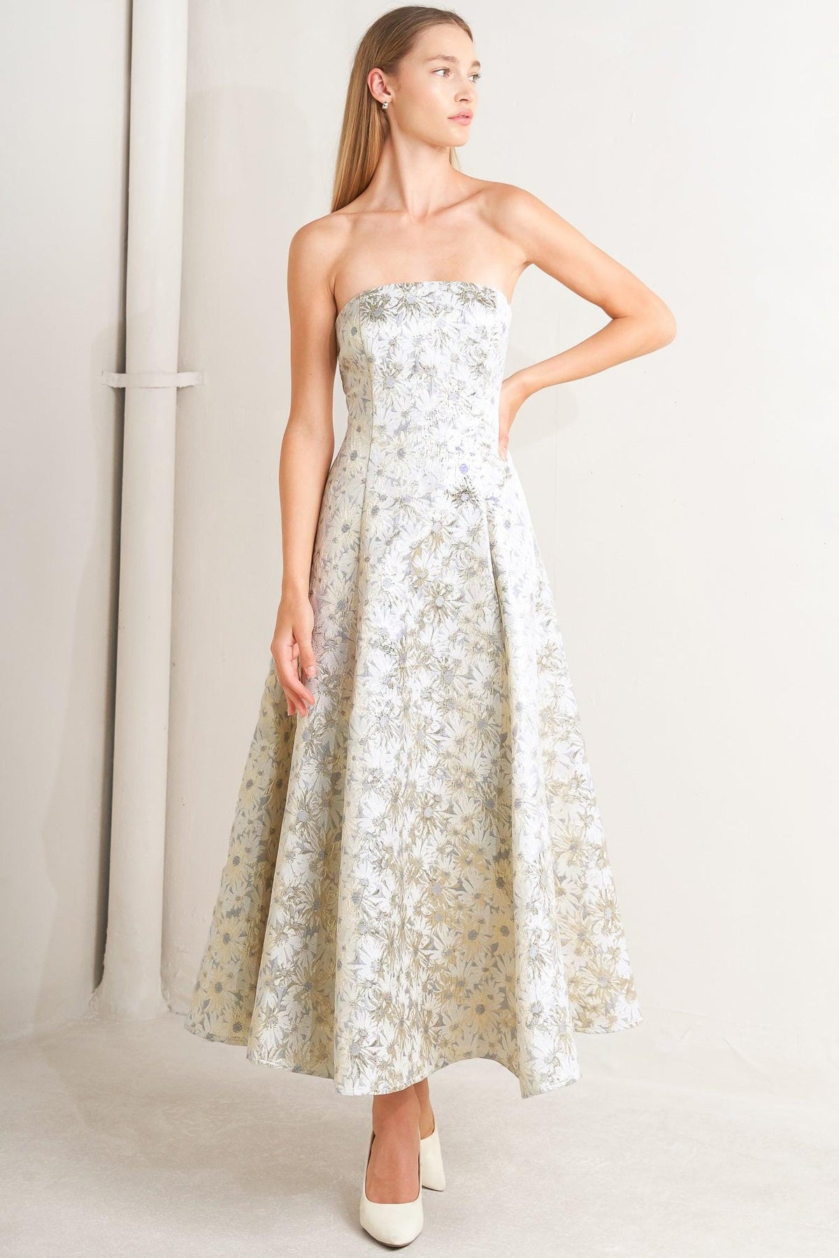 PASTEL BLOOM WOVEN JACQUARD MIDI DRESS