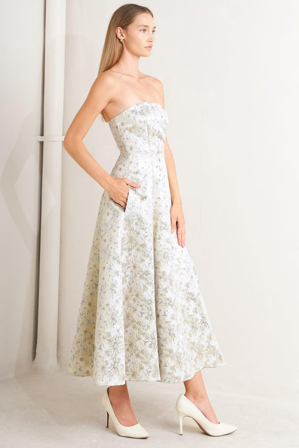 PASTEL BLOOM WOVEN JACQUARD MIDI DRESS