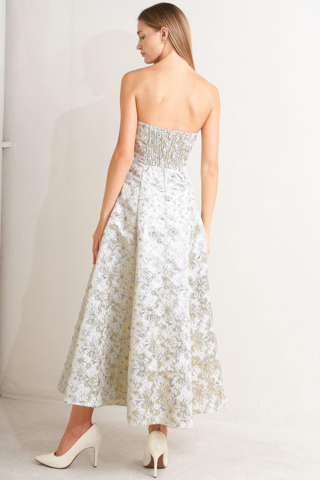 PASTEL BLOOM WOVEN JACQUARD MIDI DRESS