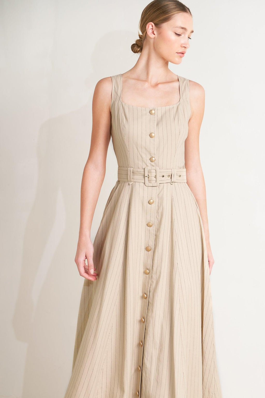 TAILORED IN SUNLIGHT WOVEN MIDI DRESS