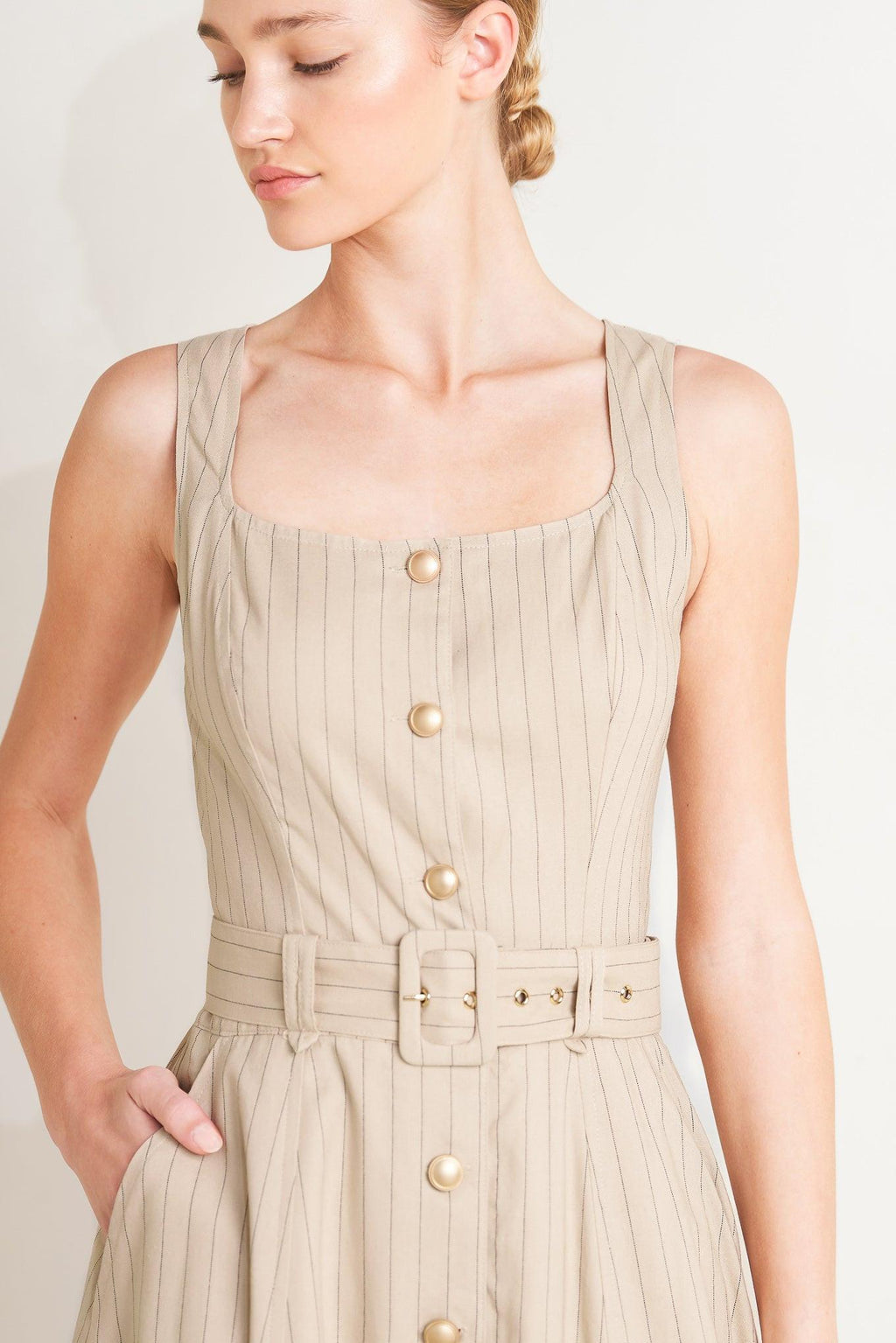 TAILORED IN SUNLIGHT WOVEN MIDI DRESS