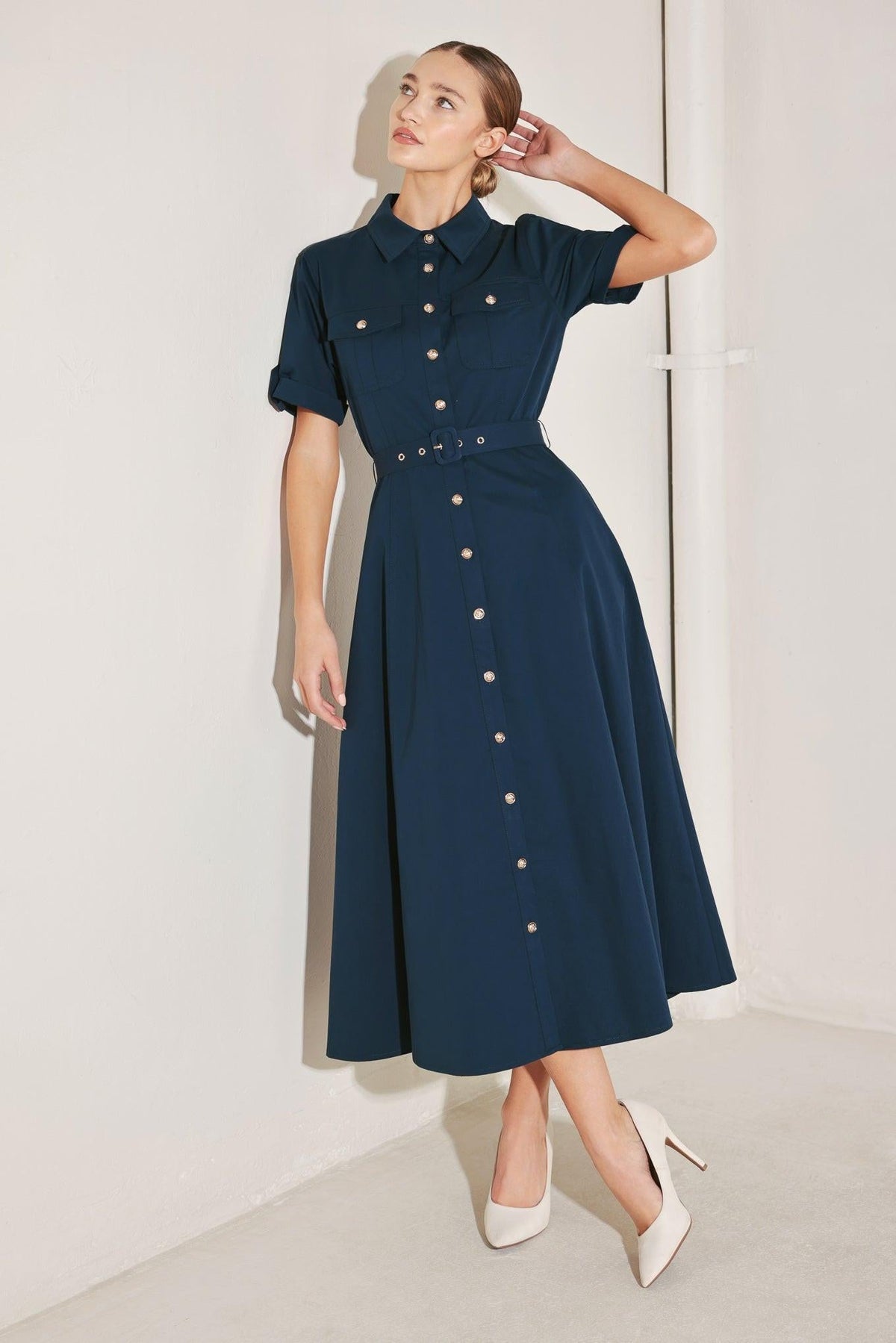 CLASSIC AUTHORITY WOVEN MIDI DRESS
