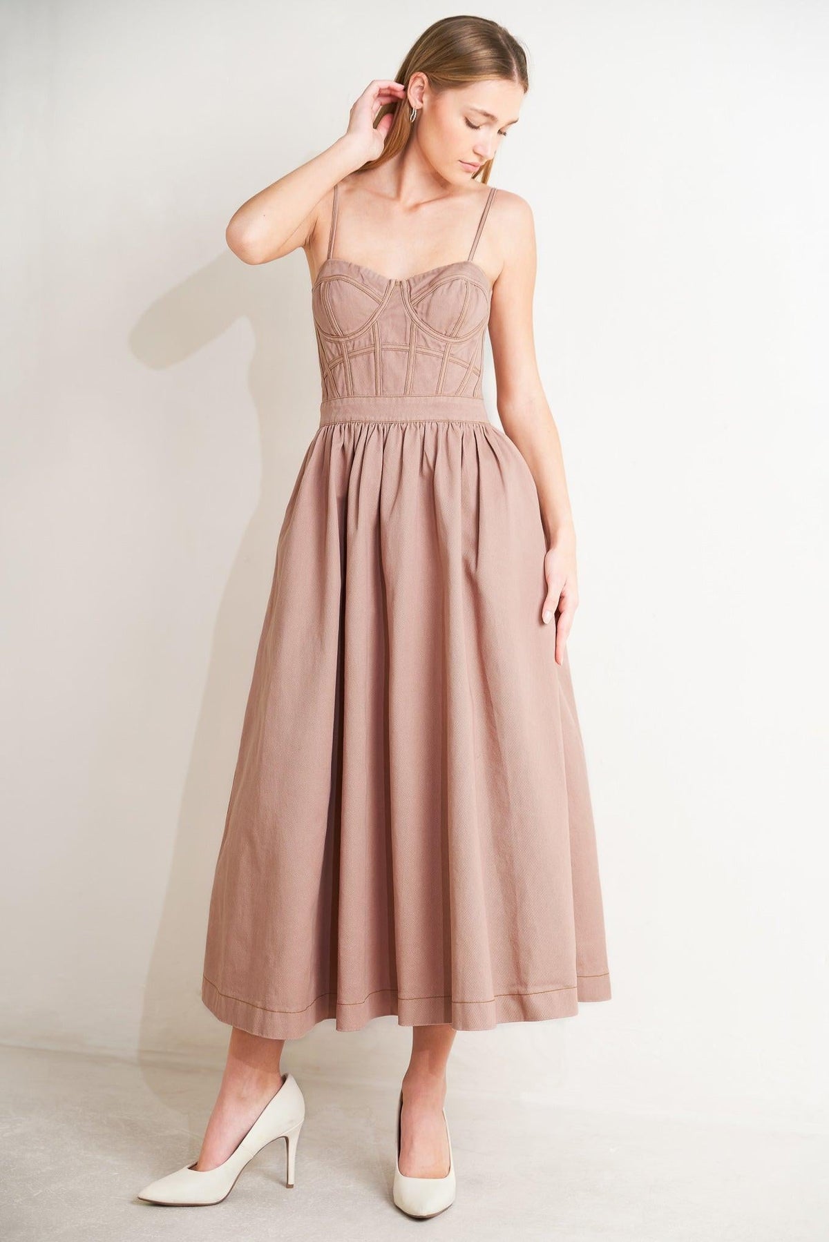 UNDERSTATED GLAM WOVEN TWILL MIDI DRESS