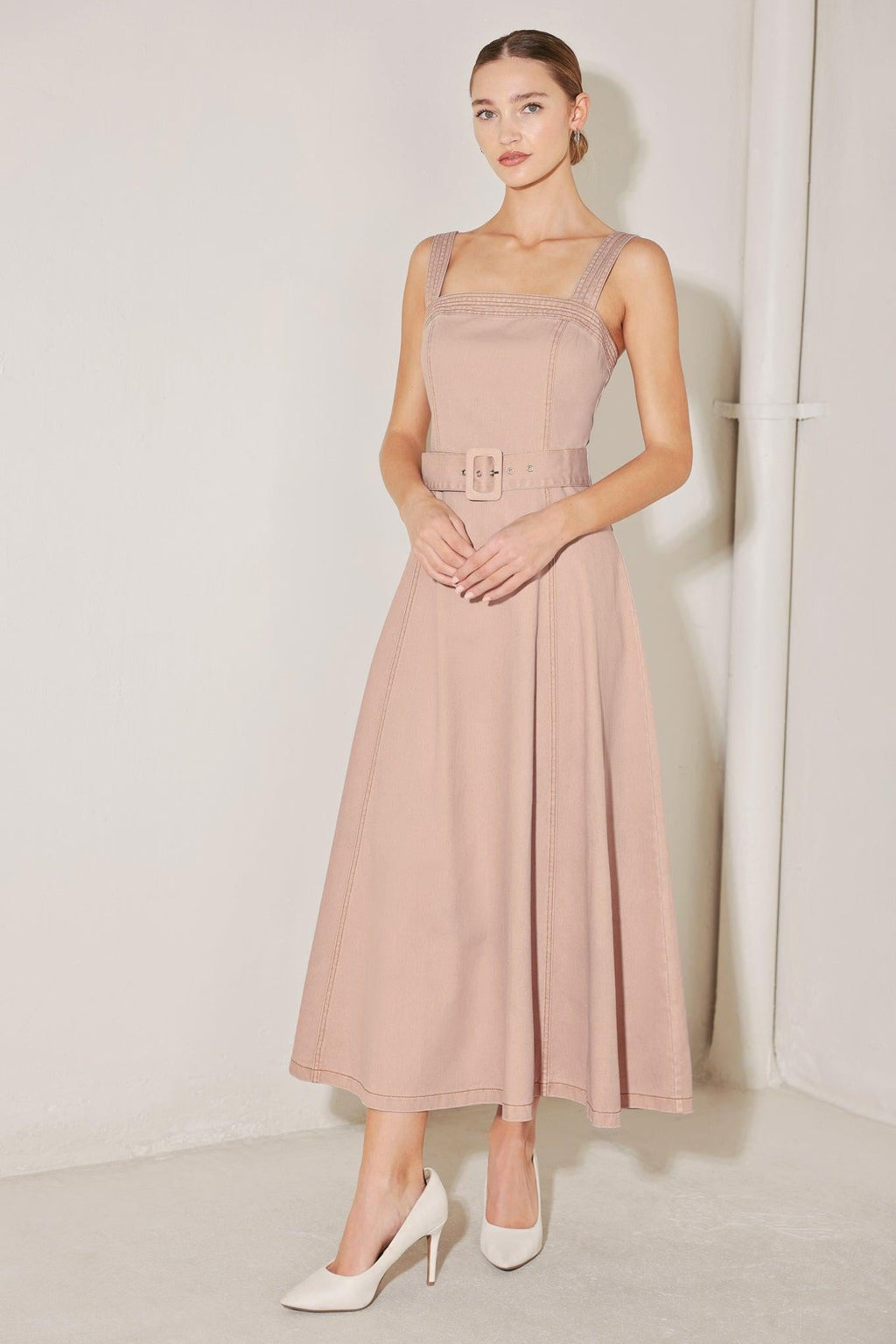 ELEVATED NEUTRAL BLUSH WOVEN MIDI DRESS