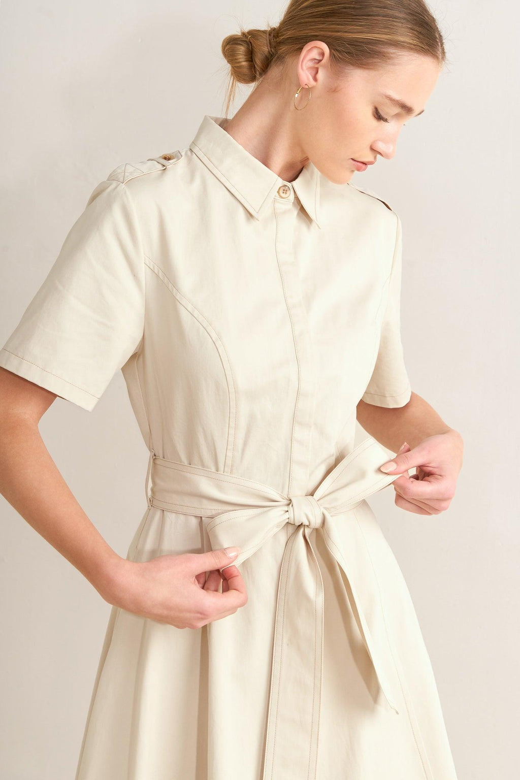SANDSTONE GRACE WOVEN MIDI SHIRT DRESS