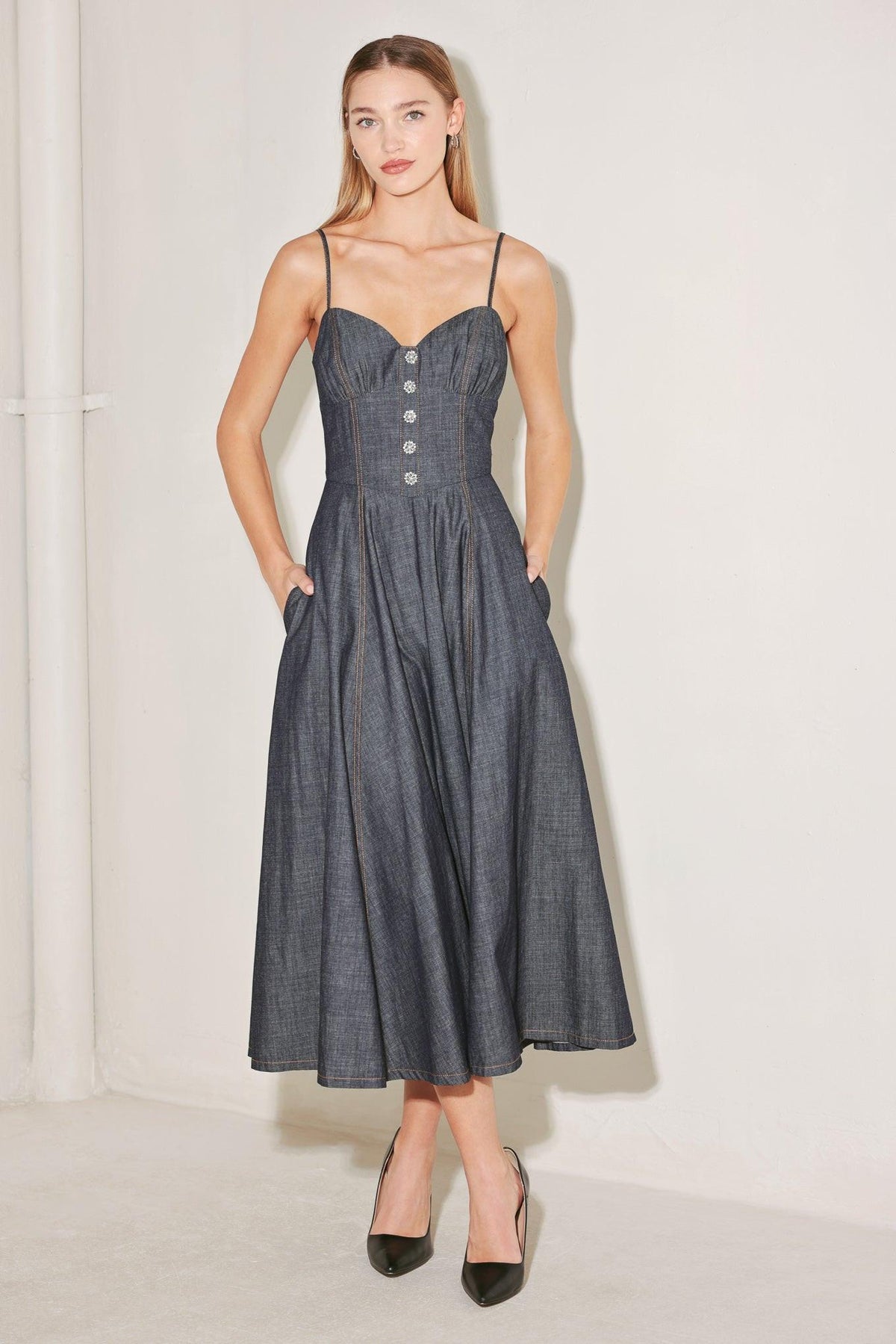 AFTER HOURS SERENADE DENIM MIDI DRESS