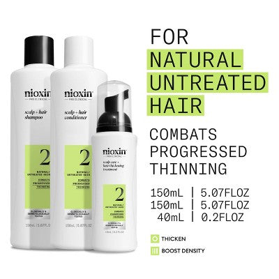 Nioxin System 2 Hair Thickening Natural & Untreated Hair Shampoo & Conditioner Kit 3ct - New