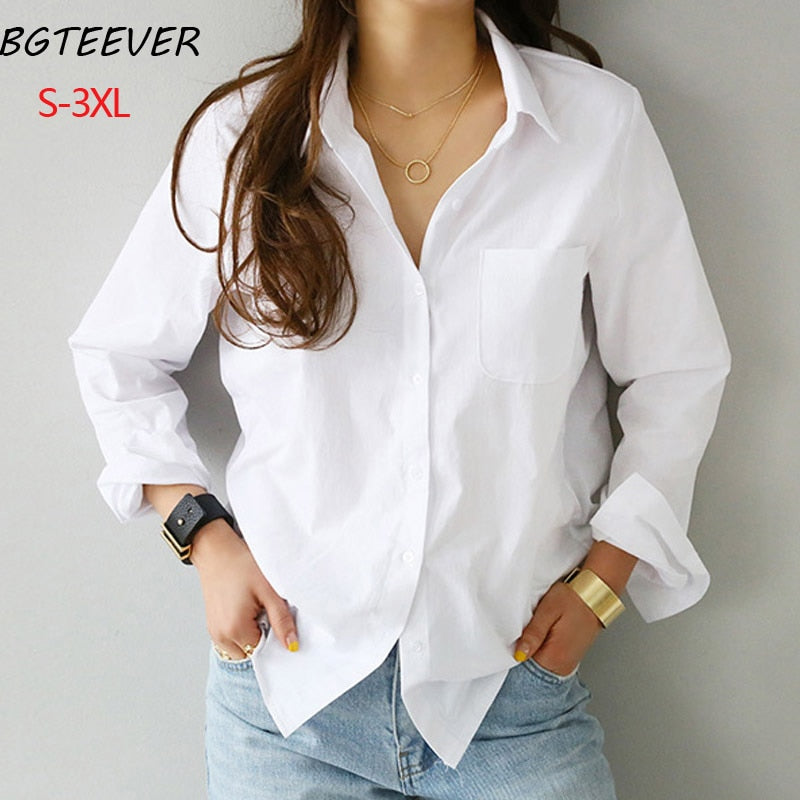 S-3XL Spring One Pocket Women White Blouse Female Shirt Tops Long Sleeve