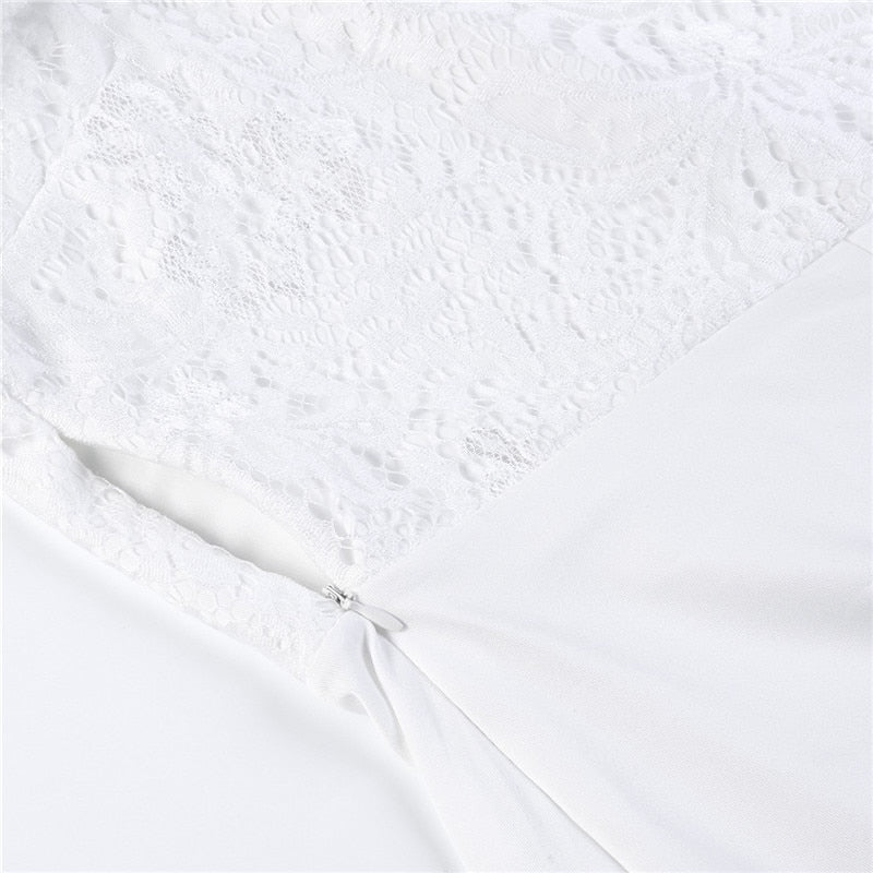 Women Summer Off Shoulder Sexy Playsuits Long Sleeve Sheer Lace Patchwork Hollow Skinny Playsuits