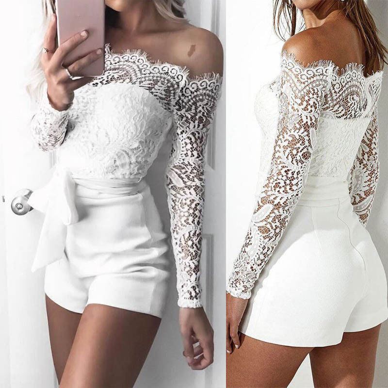 Women Summer Off Shoulder Sexy Playsuits Long Sleeve Sheer Lace Patchwork Hollow Skinny Playsuits