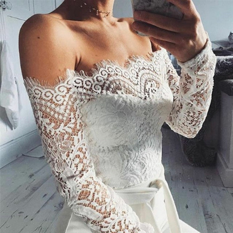 Women Summer Off Shoulder Sexy Playsuits Long Sleeve Sheer Lace Patchwork Hollow Skinny Playsuits
