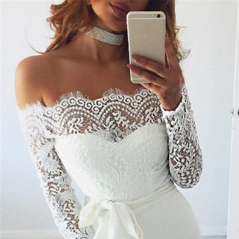 Women Summer Off Shoulder Sexy Playsuits Long Sleeve Sheer Lace Patchwork Hollow Skinny Playsuits