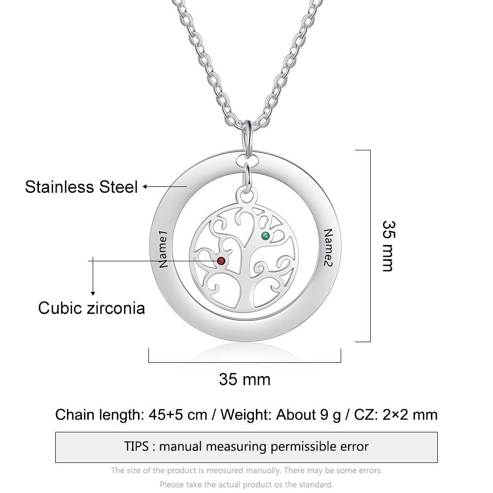 Tree of Life Name Necklace with Birthstone Name Engraved Pendant Family