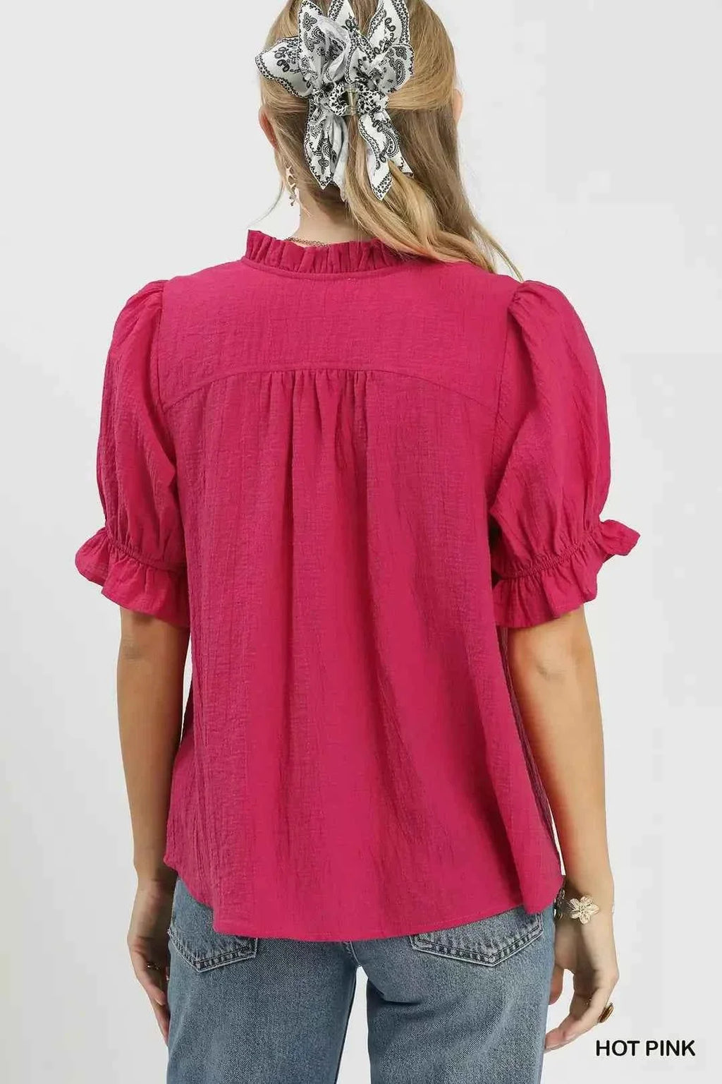 Hot Pink Textured Button-Front Puff Sleeve Top by Umgee