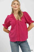 Hot Pink Textured Button-Front Puff Sleeve Top by Umgee