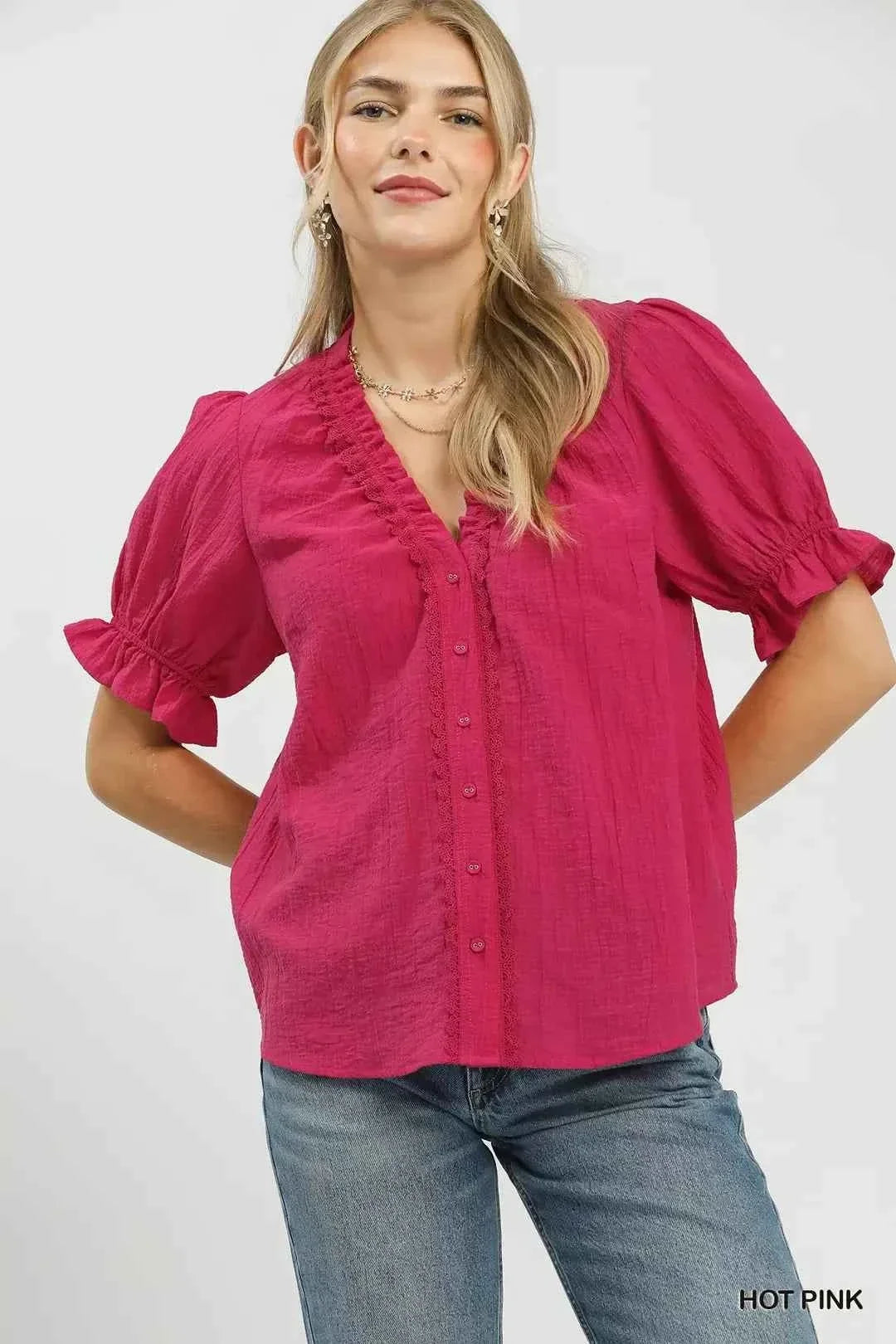 Hot Pink Textured Button-Front Puff Sleeve Top by Umgee